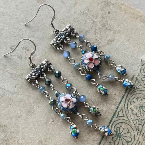 Blue Blossom Cloisonne Chandelier Earrings Artisan Made in the USA Per Pair