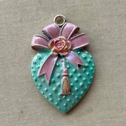 54x35mm Heart with Ribbon Bow Artisan Pendant Turquoise Per Pc
