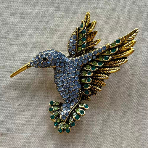 2 Inch Blue Hummingbird Brooch Pin Glass Rhinestone Gold Per Pc