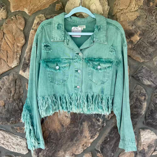 Turquoise Fringe Denim Cropped Jean Jacket Distressed SMJ203 POL