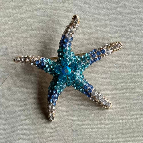 2.25 Inch Starfish Pendant Brooch Pin Rhinestone Turquoise Clear Per Pc