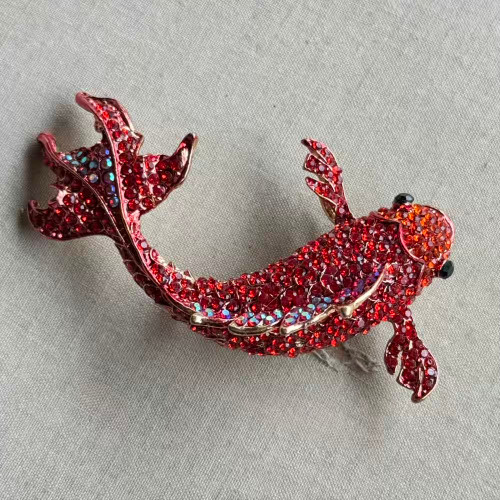 BIG 3 Inch Gold Fish Pendant Brooch Pin Rhinestone Red Koi Per Pc