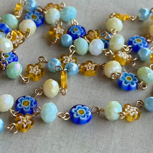 Forget-Me-Knot Millefiori Beaded Rosary Chain 8-6mm Crystal Glass Gold Plated Per Foot