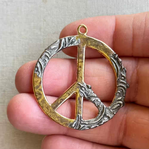 Molten Metal Mix Peace Sign Artisan Stamped Solder Gold Pendant 44mm Per Pc