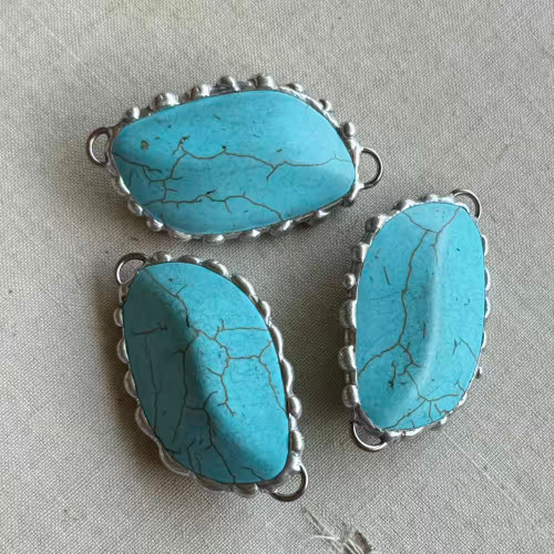 Soldered Magnesite Tilde Pendant Faux Turquoise Stone Molten Metal Mix Silver Solder Tinwork Artisan Per Pc