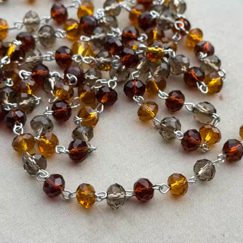 Hickory Beaded Rosary Chain 8mm Crystal Rondelle Antique Silver Plated Per Foot