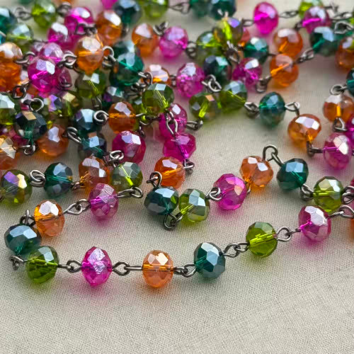 Masquerade Beaded Rosary Chain 8mm Crystal Rondelle Gunmetal Plated Per Foot