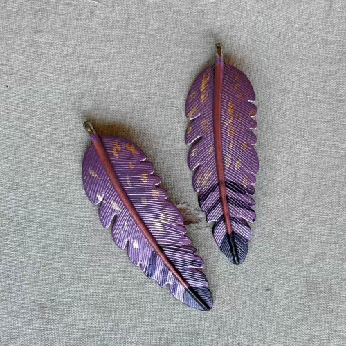 Sangria Purple Boho Feather Pendants Artisan Hand Painted Charms Per Pair