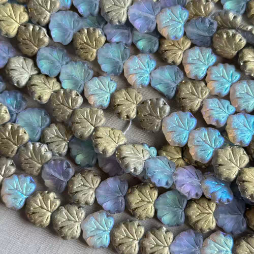 13x11mm Maple Leaf Czech Glass Beads Gilded Matte Moonlight AB 20Pcs Per Strand