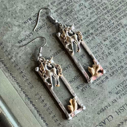 Unicorn Soldered Glass Earrings Mixed Metals Artisan Made in the USA Per Pair