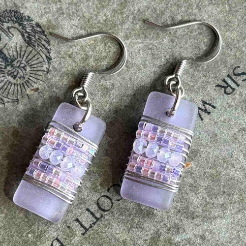 Wrapped In Sea Glass Lilac Earrings Artisan Made in the USA Per Pair