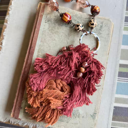 Sunset Rust Macrame Feather Necklace Woven Yarn Fiber Pendant Chain Artisan Made Per Pc