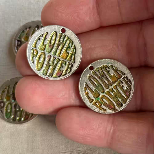 22mm Green Flower Power Message Charms Artisan Patina 4Pcs Per Pkg