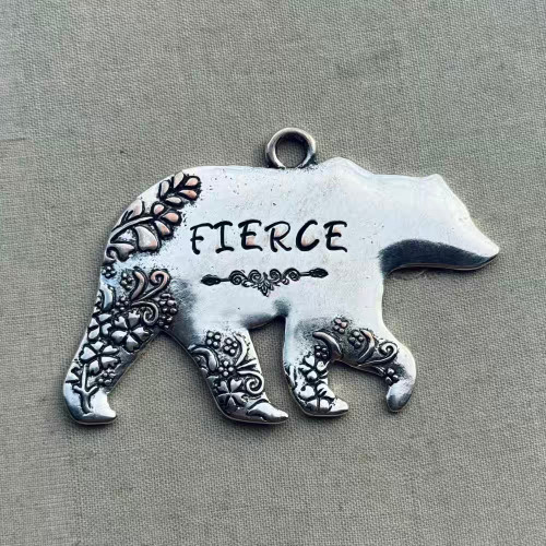 Flower Bear Hand Stamped Pendant Fierce Courage Strength 60mm Per Pc