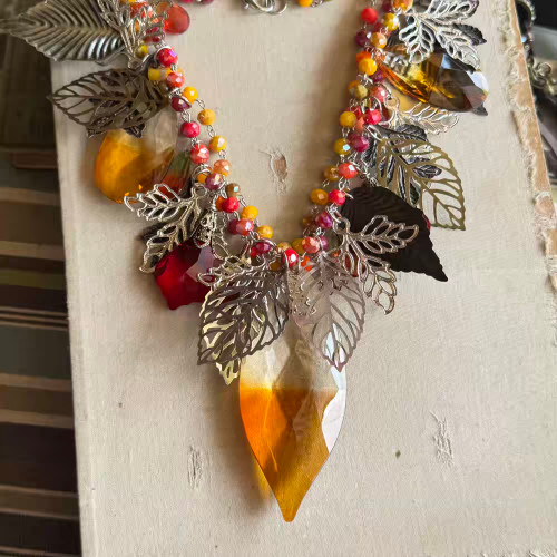 Empress of Autumn Necklace Leaf Multistrand Acrylic Artisan Made 20" Per Pc