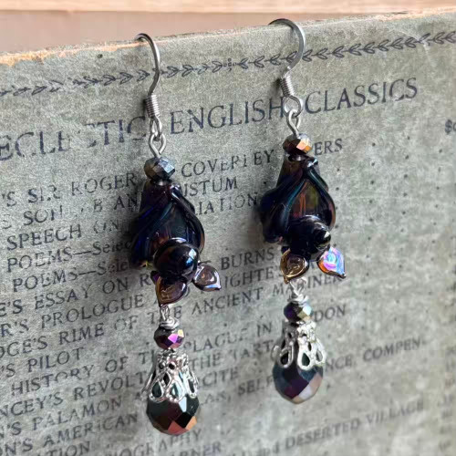 Oil Slick Black Bat Lampwork Earrings Silver Plated Artisan Made in the USA Per Pair