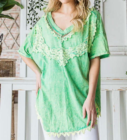 Bright Green Deep V Neck Mineral Washed T-Shirt Crochet Detail Oversized Top Oli&Hali