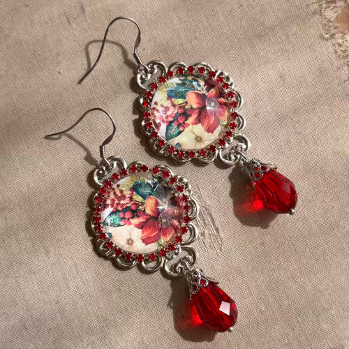 Red Poinsettia Earrings Silver Artisan Made in the USA Per Pair