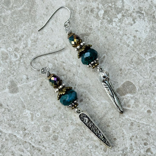 Moss Agate Rustic Owl Drop Earrings Mixed Metals Artisan Made in the USA Per Pair