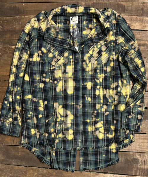 Crisp Morning Air Flannel Emerald Black Jaded Gypsy Distressed Bleached Button Down Top