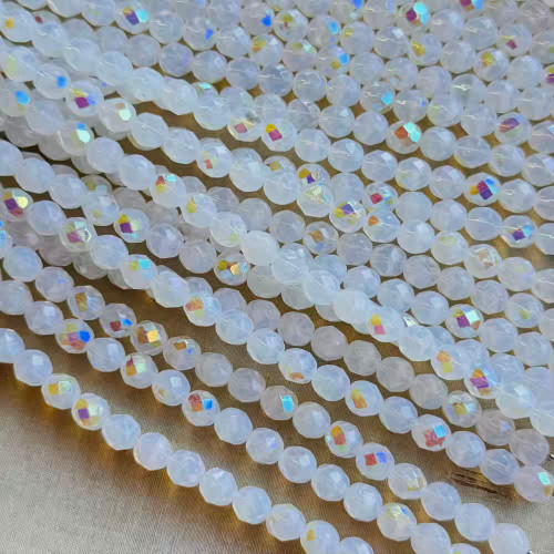 8mm Opalite AB Faceted Fire Polish Czech Glass Round 25 Beads Per Strand