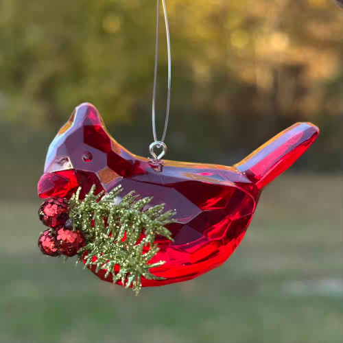 Mistletoe Sprig Cardinal Ornament Christmas Glitter Acrylic 3 Inch Per Pc