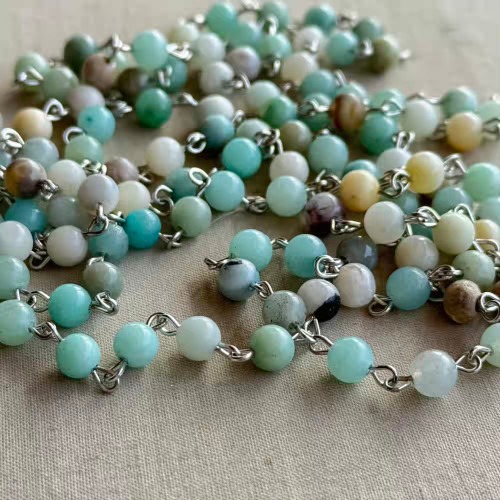 Flower Amazonite Smooth Stone Beaded Rosary Chain 6mm Antique Silver Plated Per Foot