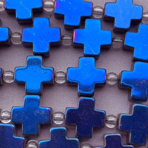 Metallic Indigo Hematite Cross 12mm Semi Precious Stone Beads Per Strand