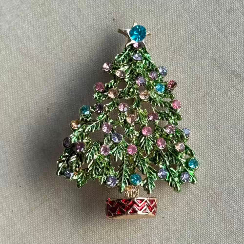 2.25 Inch Christmas Tree Brooch Pin Rhinestone Multi Enamel Gold Plated Per Pc