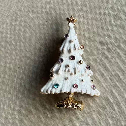 2 Inch Christmas Tree White Enamel Brooch Pin Rhinestone Gold Plated Per Pc