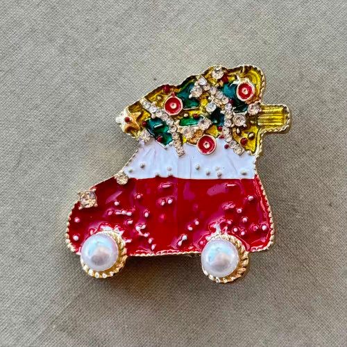 1.5 Inch Christmas Car with Tree Brooch Pin Enamel Rhinestone Gold Per Pc