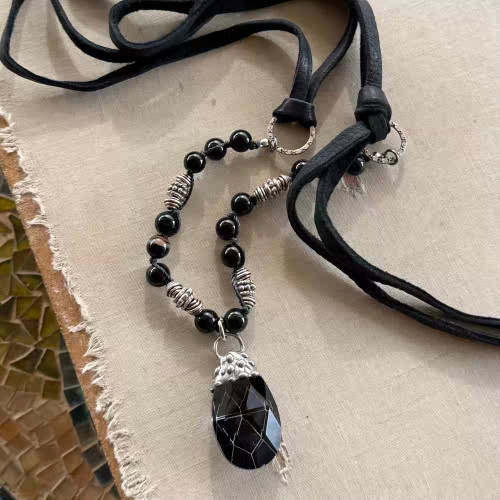 Black Onyx Leather Knotted Soldered Pendant Necklace Artisan Made in the USA Per Pc