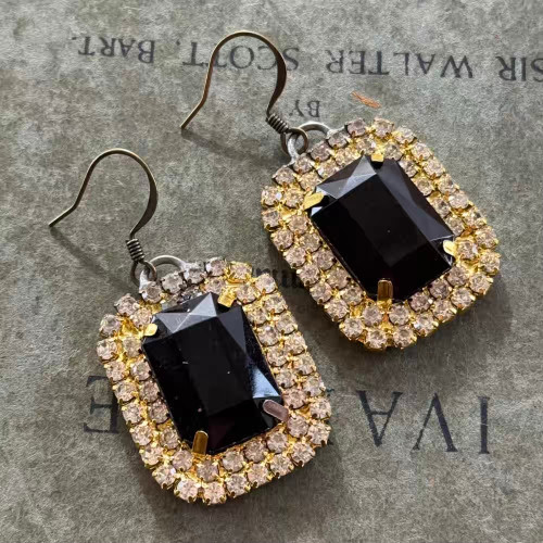 Jet Black Clear Rhinestone Earrings Emerald Cut Crystal Artisan Made in the USA Per Pair