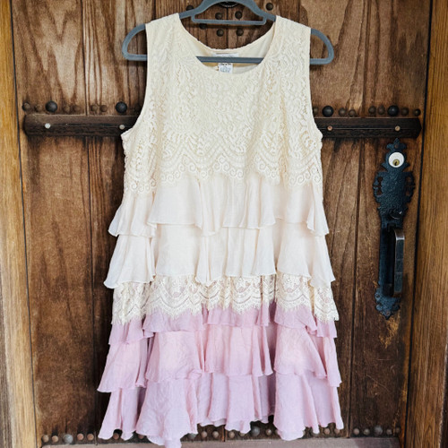 Beige Mauve Long Lace Tank Top Crochet Ruffles Roomy Sleeveless Paisley Vine XL