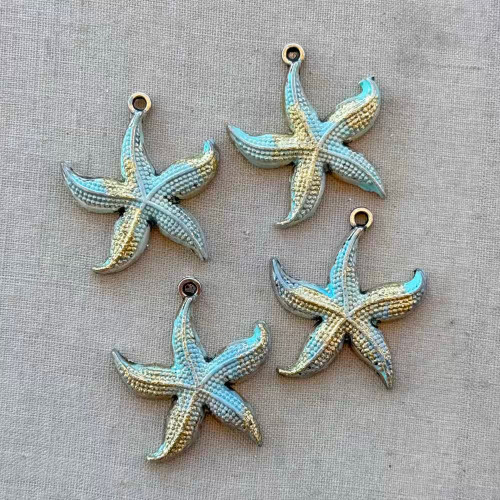 Aquamarine Turquoise Patina Starfish Sea Star Charms 26mm Hand Painted 4Pcs