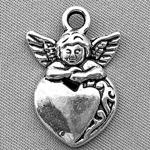 Cherub Heart Cupid Valentine Charms 24x16mm Antique Silver Plated Alloy Q6 Per Pkg