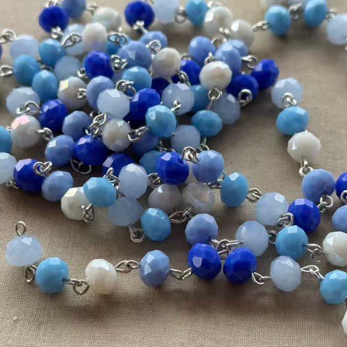 Blue & White China Beaded Rosary Chain 8mm Crystal Rondelle Antique Silver Plated Per Foot
