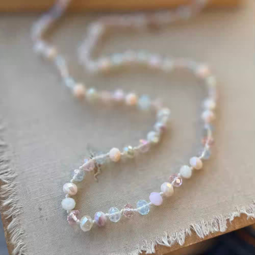 Shabby Pink Diva Length Necklace Hand Knotted Crystals Artisan Made Per Pc