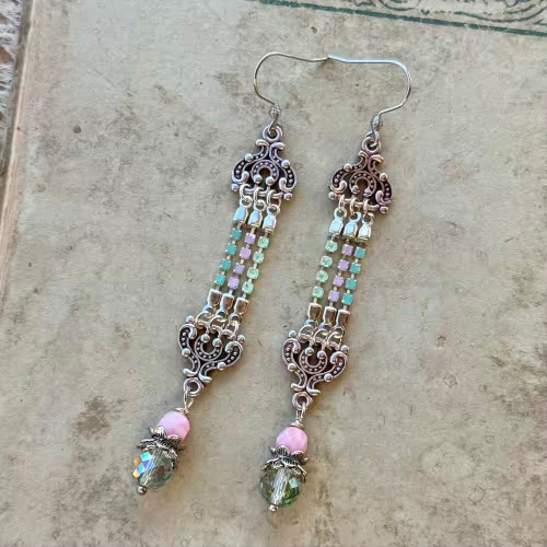 Pink & Green Cup Chain Earrings Artisan Made in the USA Per Pair