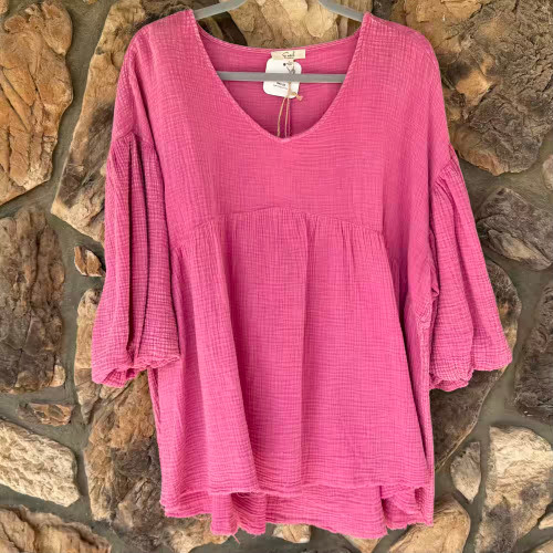 Pinktastic Scooped Neck Pullover Top High Low Puffy Sleeve Easel