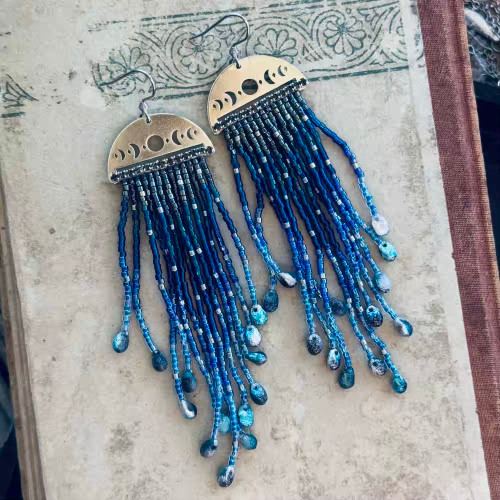 Phases of the Moon Beaded Fringe Earrings Silver Artisan Made in the USA Per Pair