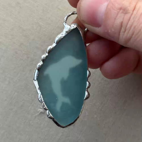 Soldered Sea Glass Dolphin Pendant Molten Metal Mix Silver Solder Tinwork Artisan Per Pc