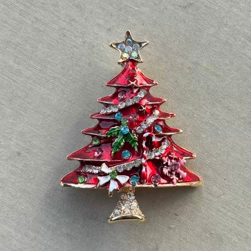 2.5 Inch Red Christmas Tree Brooch Pin Rhinestone Enamel Gold Plated Per Pc