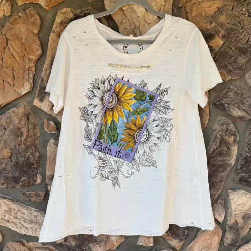 Faith It Sunflower Distressed A Rare Bird Graphic Tee Top