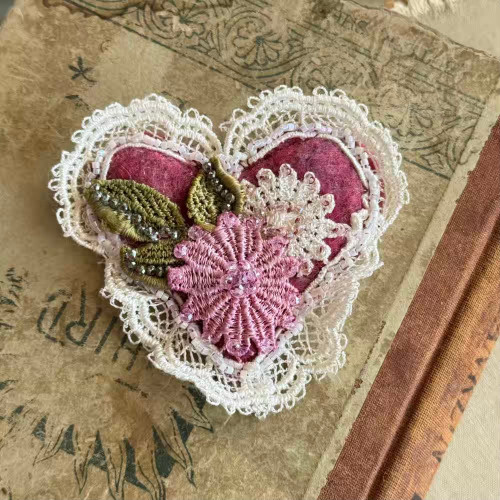 70mm Fabric Heart Pendant Pretty Pink Blooms Embroidered Stitched Mixed Media Per Pc