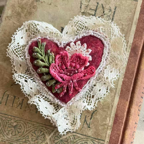 90mm Fabric Heart Pendant Vintage Red Embroidered Stitched Mixed Media Per Pc