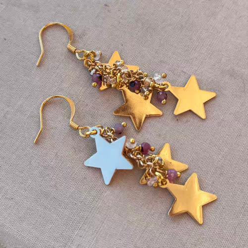 Rubies and Stars Drop Earrings Gold Artisan Made in the USA Per Pair