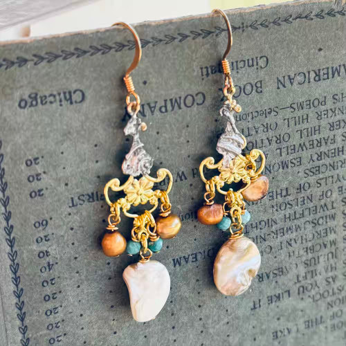 Concha Drop Earrings Gold Pearl Artisan Made in the USA Per Pair