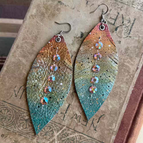 Pacifica AB Rhinestone Leather Feather Earrings Artisan Made in the USA Per Pair