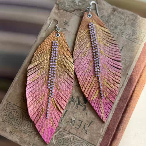 Azalea Rhinestone Leather Feather Earrings Artisan Made in the USA Per Pair